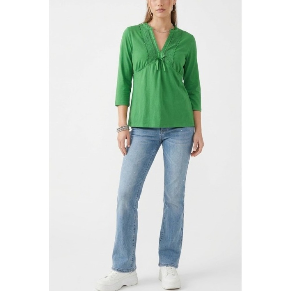Ann‎ Taylor Loft Blouse XL Green Eyelet Lace V-Neck 3/4 Sleeve Empire Waist Y2K